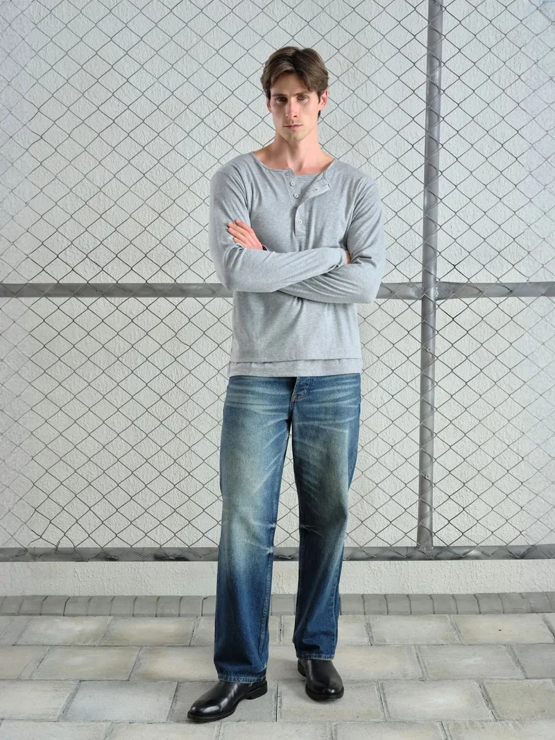 Giesto Grey GIESTO Long Sleeve Button Collar Comfort Fit T-Shirt for Men | Best Price UAE